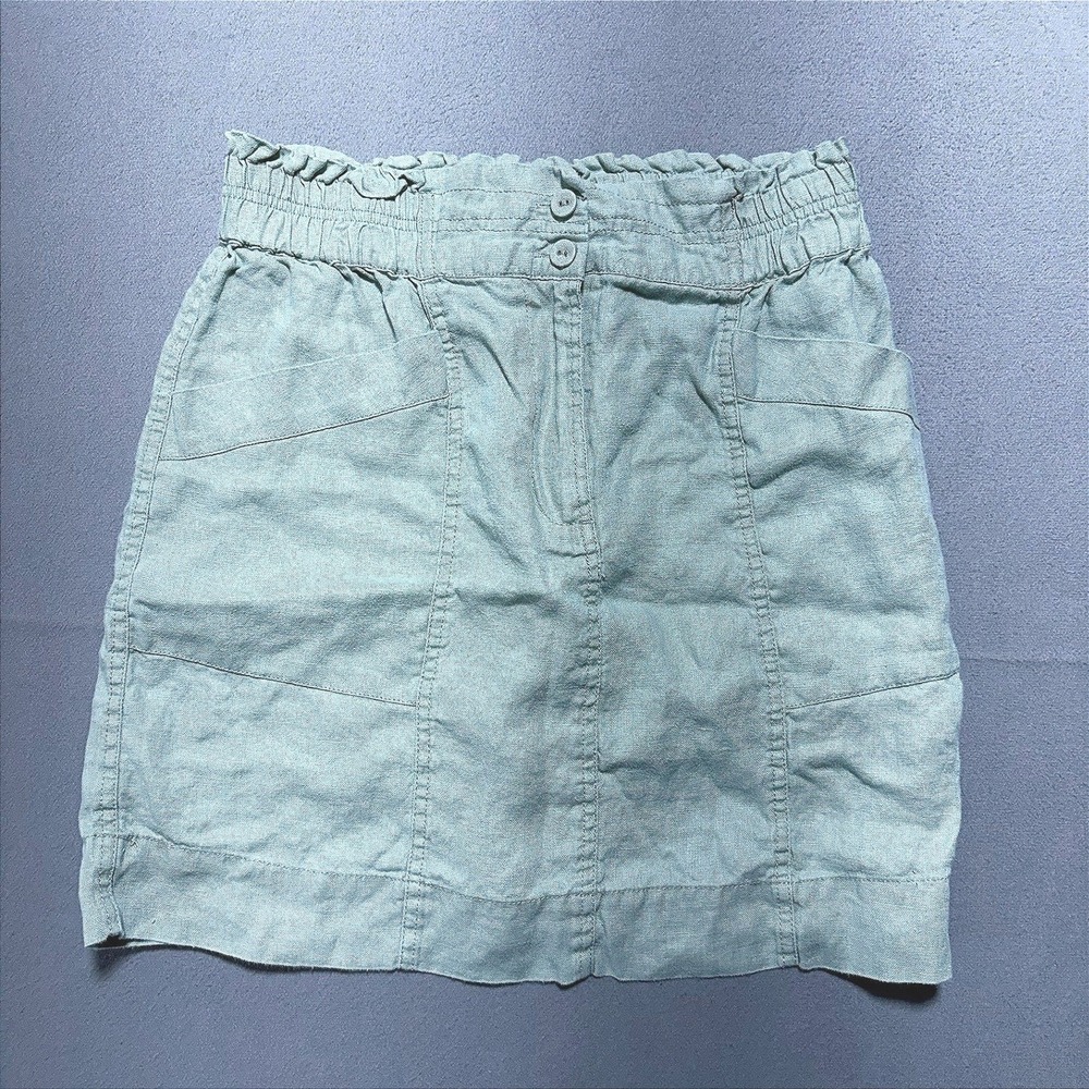 Poetry Sage Green 100% Linen Paperbag Waist Mini Skirt Size 8 Pockets